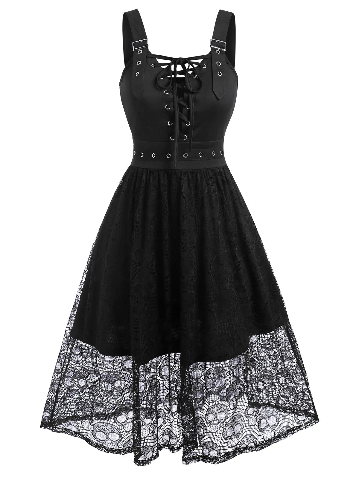 Halloween Skull Lace Insert Sleeveless Lace-up Gothic Dress