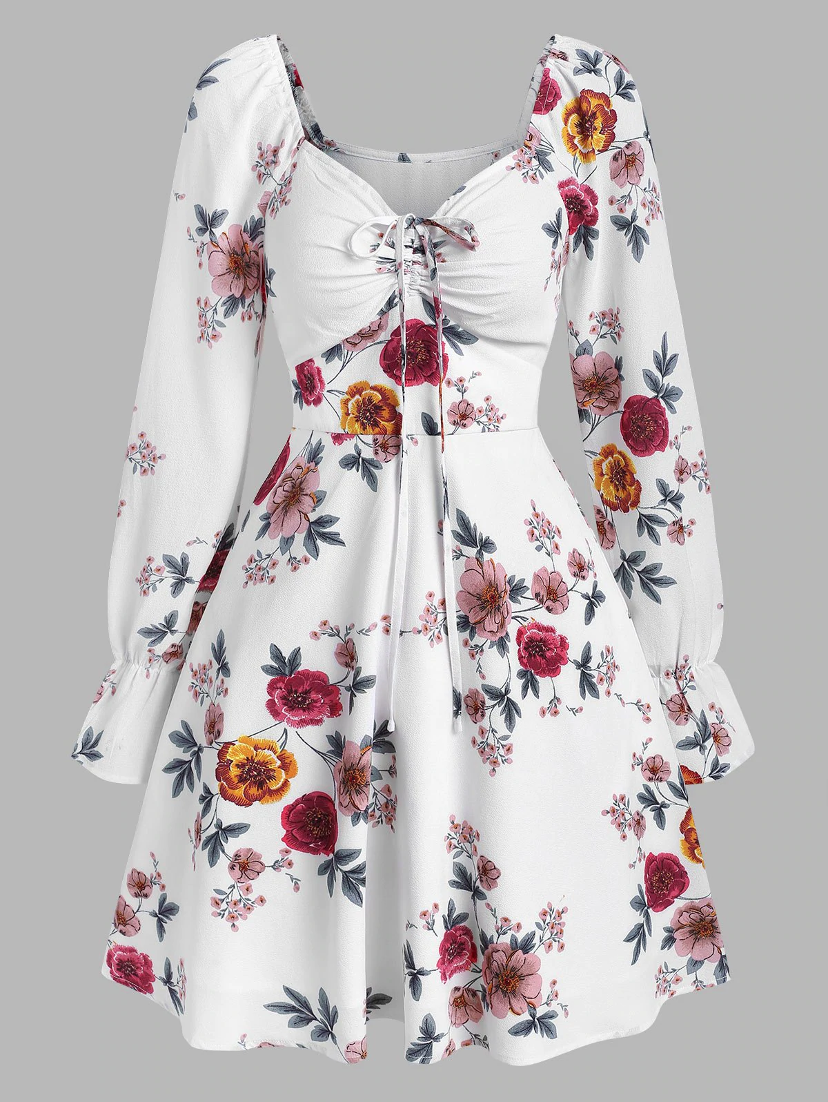 Floral Print Poet Sleeve Mini A Line Dress