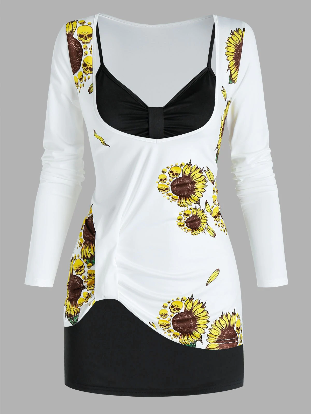 Sunflower Skull Print Asymmetric Two Piece T Shirt