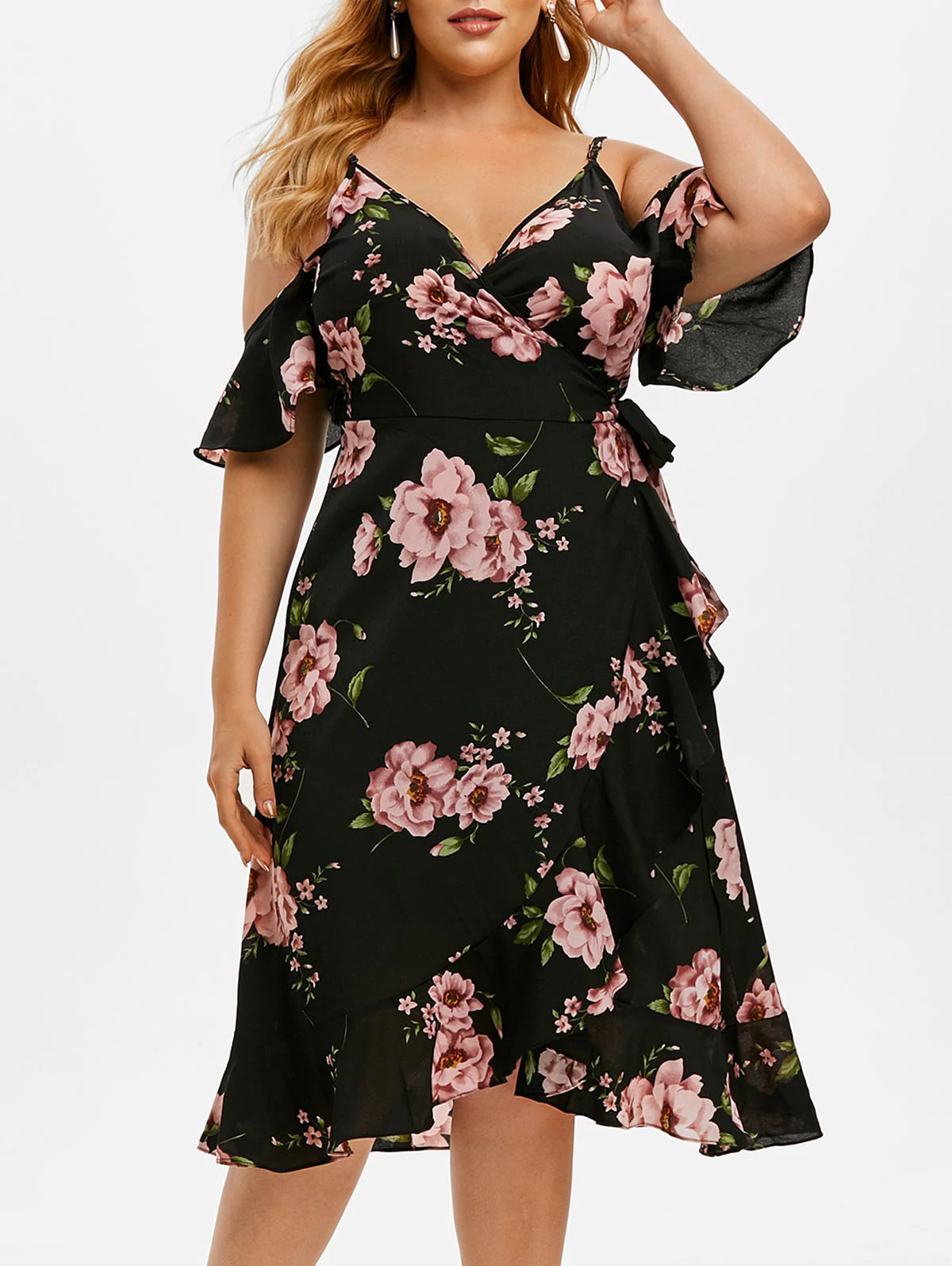 Floral Open Shoulder Flounces Plus Size Wrap Dress