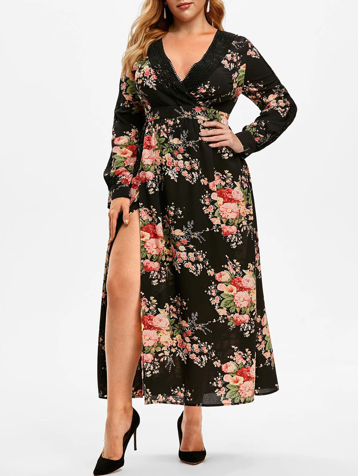 Plus Size Lace Crochet Floral Print High Slit Dress