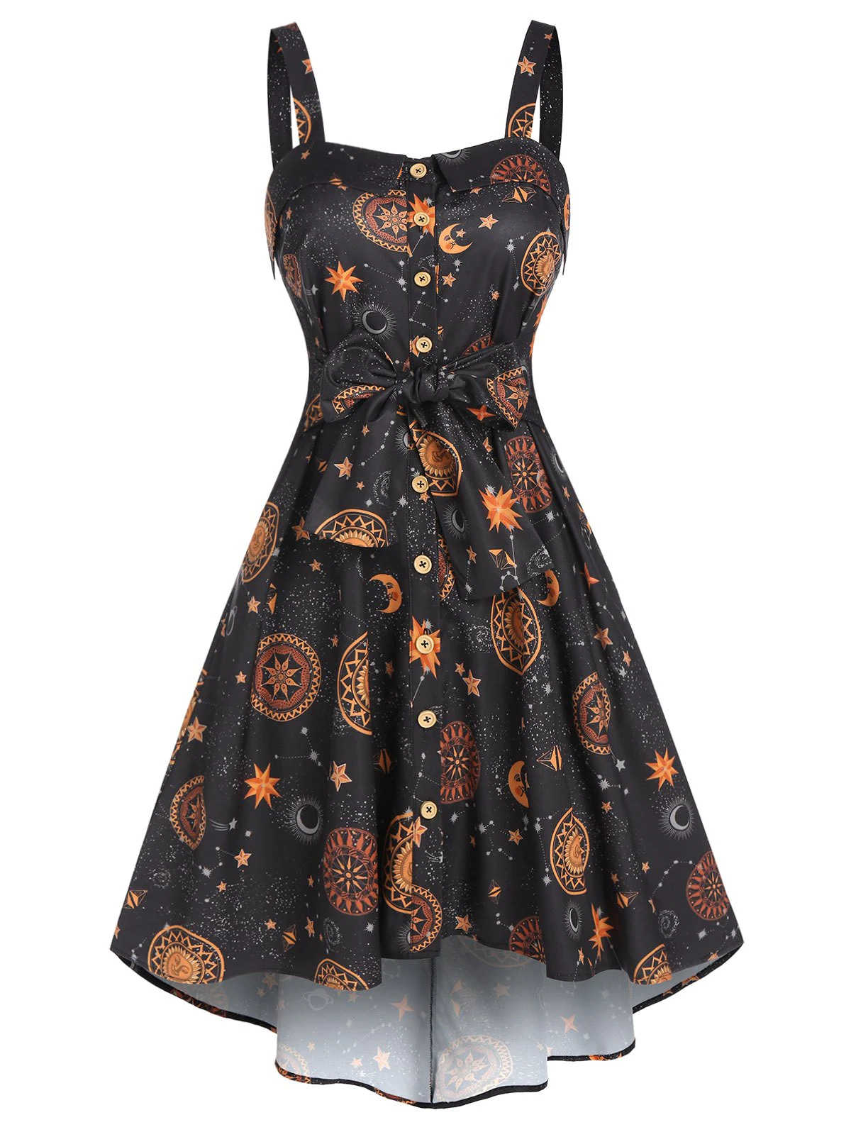 Sun Moon Star Print Pockets Cami High Low Dress