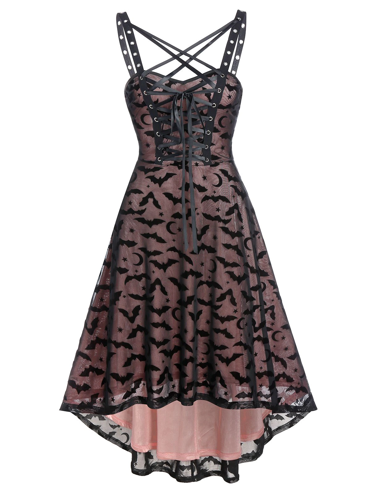 Gothic Bat Pattern Mesh Crisscross High Low Dress