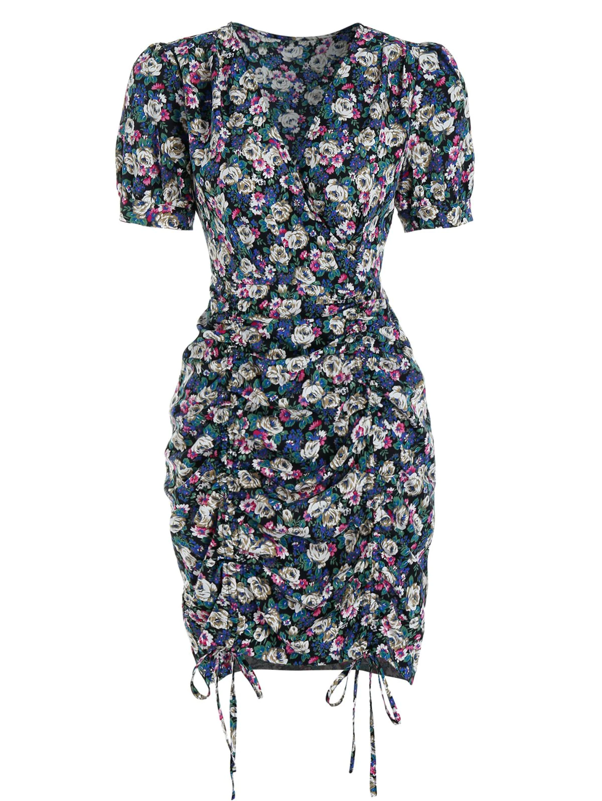 Ditsy Flower Print Drawstring Bodycon Dress