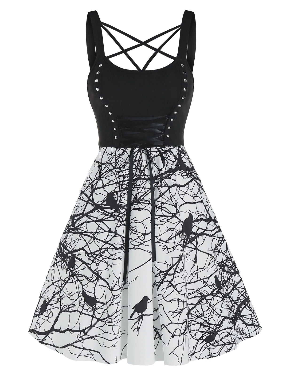 Strappy Bird Print Studded High Waist Cami Dress