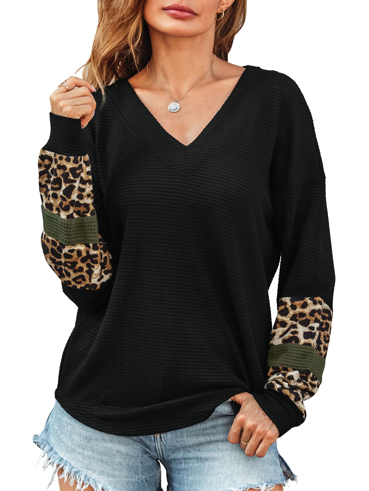 Leopard Animal Print Patchwork Drop Shoulder Sweater