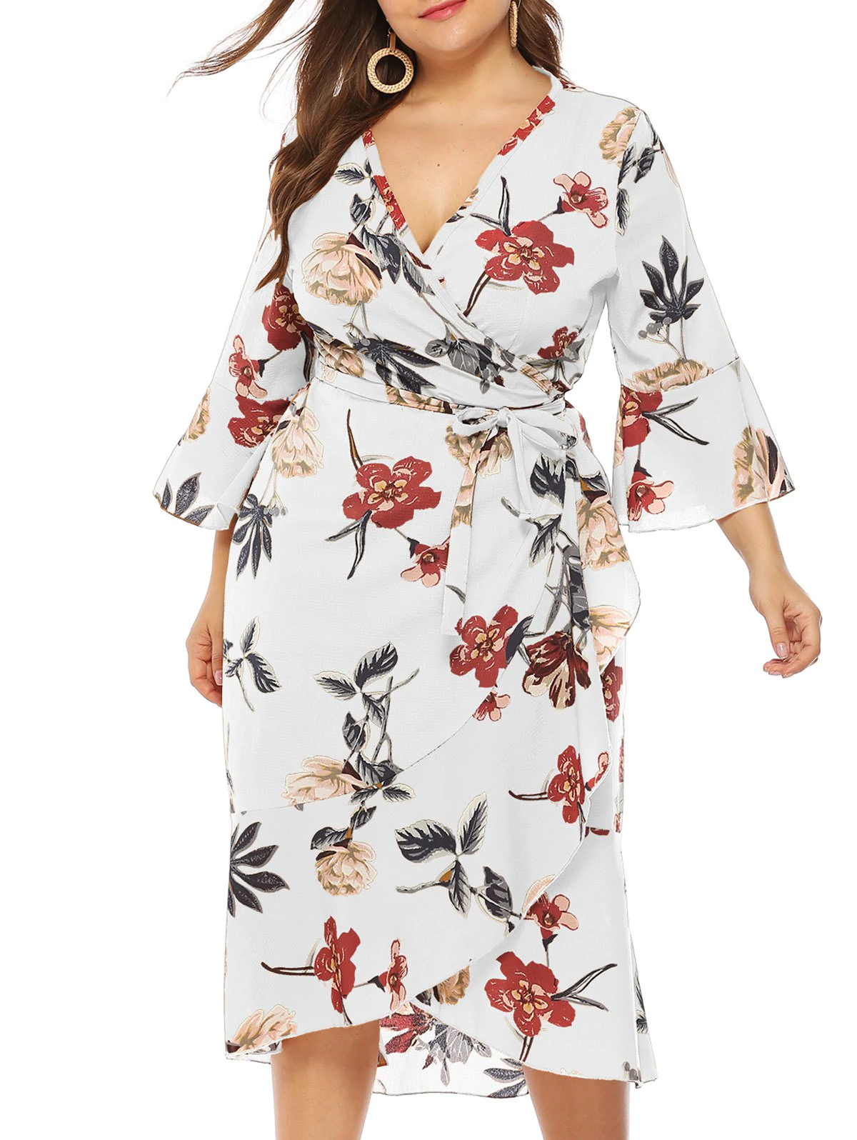 Plus Size Low Cut Floral Print Wrap Dress