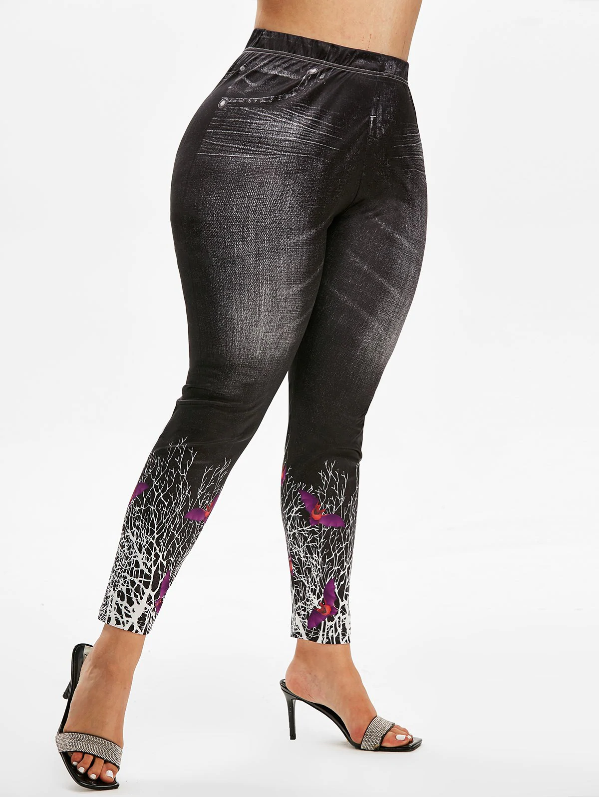 Plus Size Bat Branch Print Halloween Jeggings