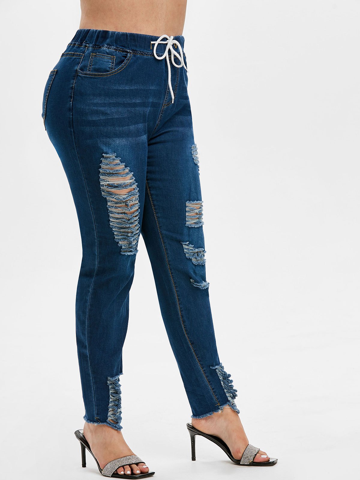 Ripped Frayed Hem Drawstring Plus Size Skinny Jeans