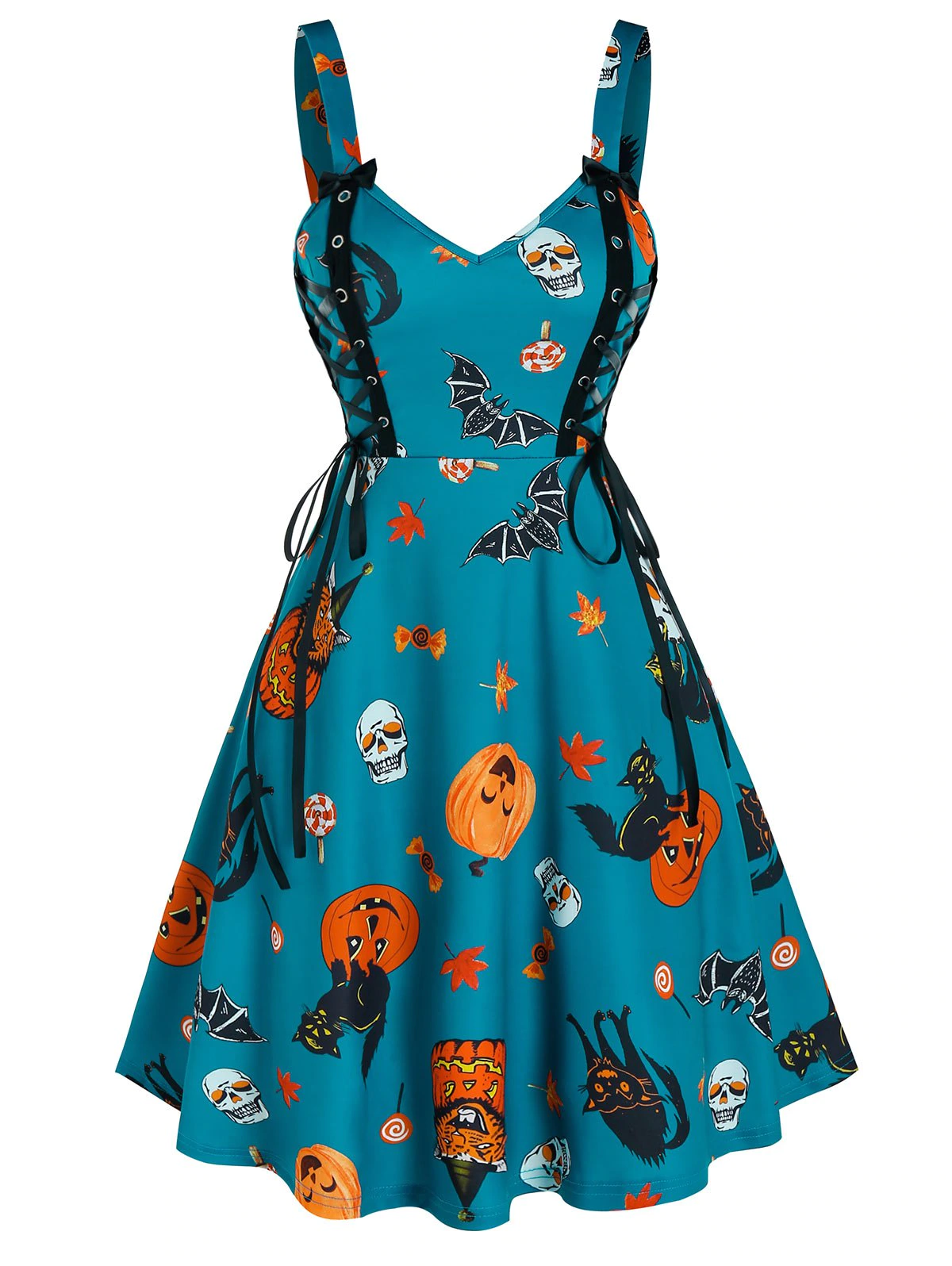 Halloween Pumpkin Print Lace Up Cami A Line Dress