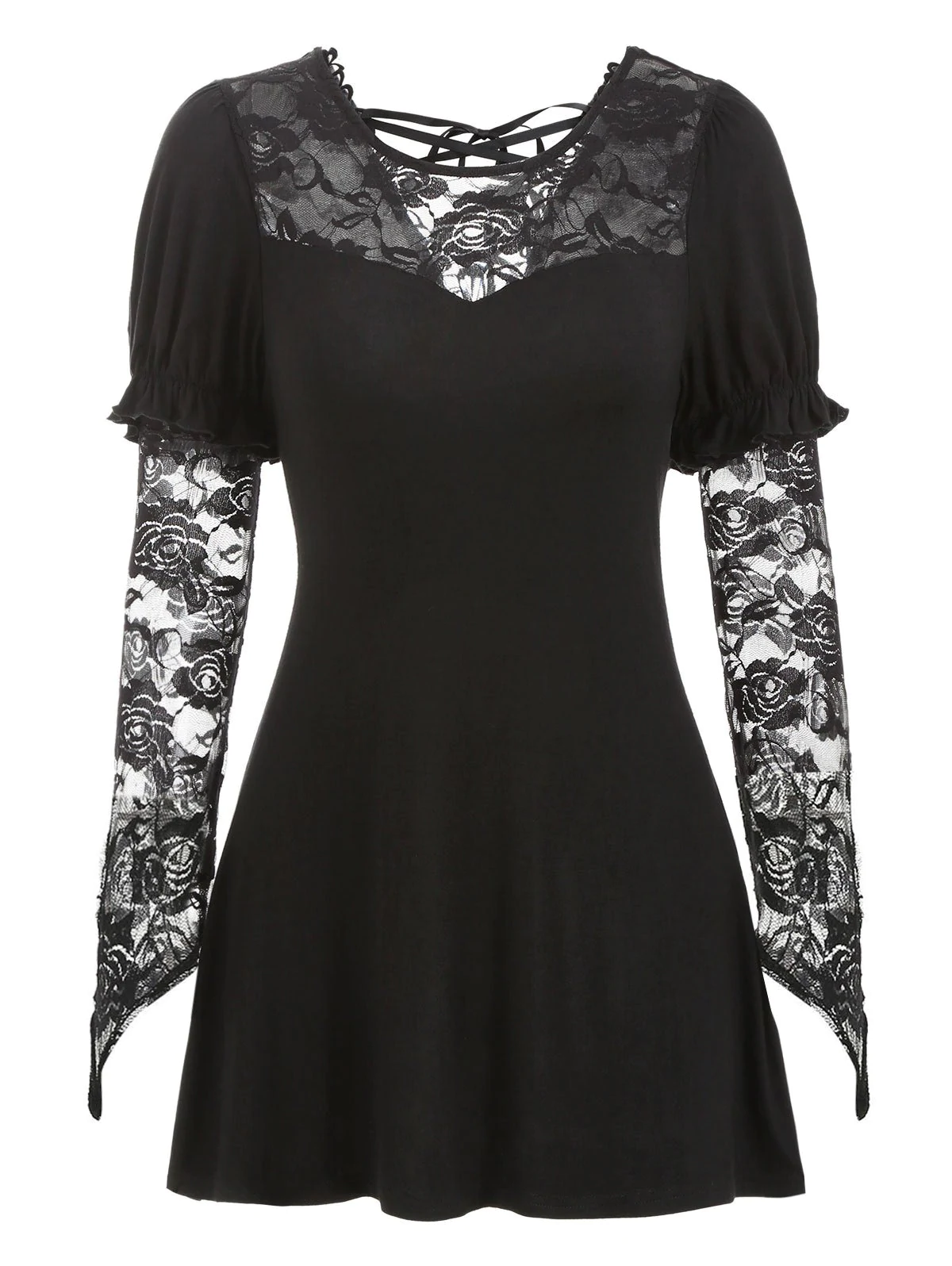 Floral Lace Panel Lacing T Shirt