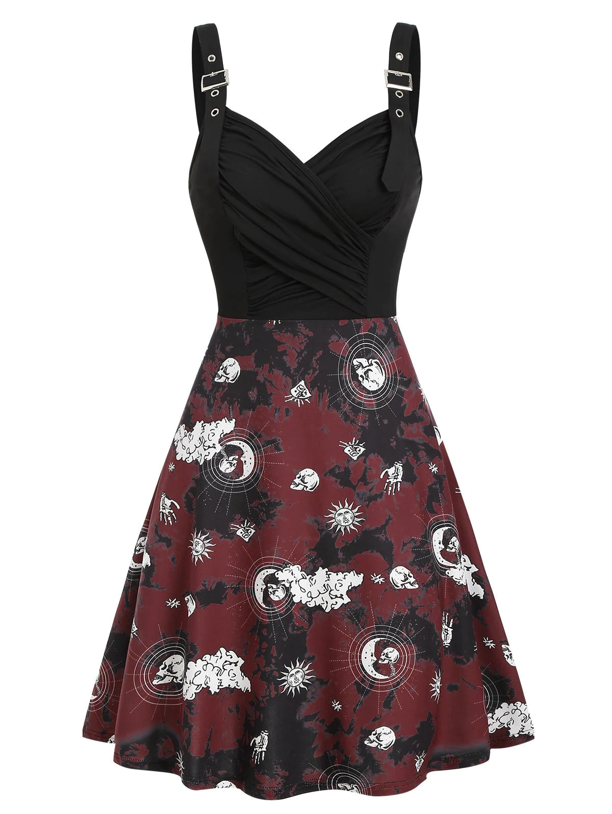 Tie Dye Skull Sun Moon Print Ruched Gothic Cami Dress