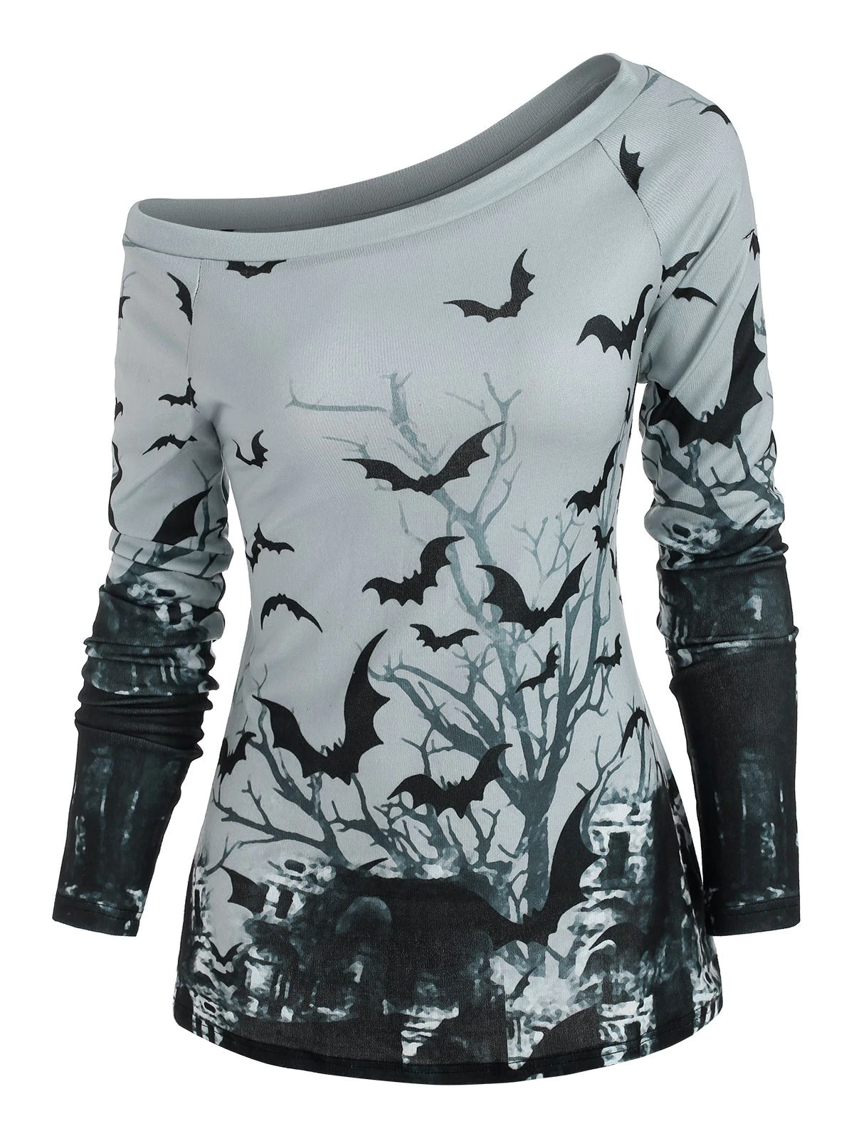 Tree Bat Print One Shoulder Ralgan Sleeve Knitwear