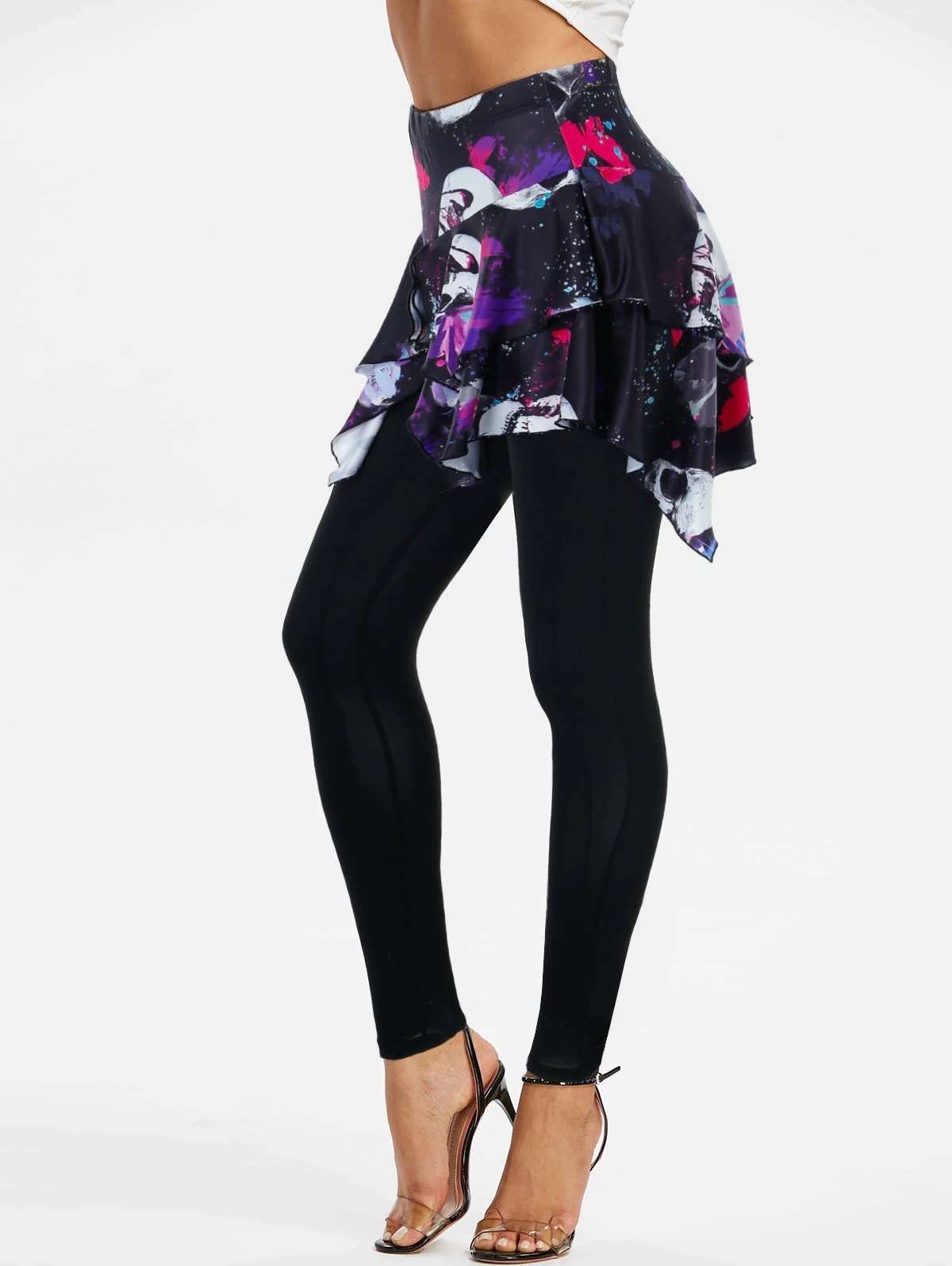 Skull Butterfly Print Asymmetric Skirted High Waist Leggings