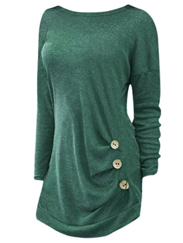 Drop Shoulder Ruched Buttoned Long Sleeve Tunic Tee