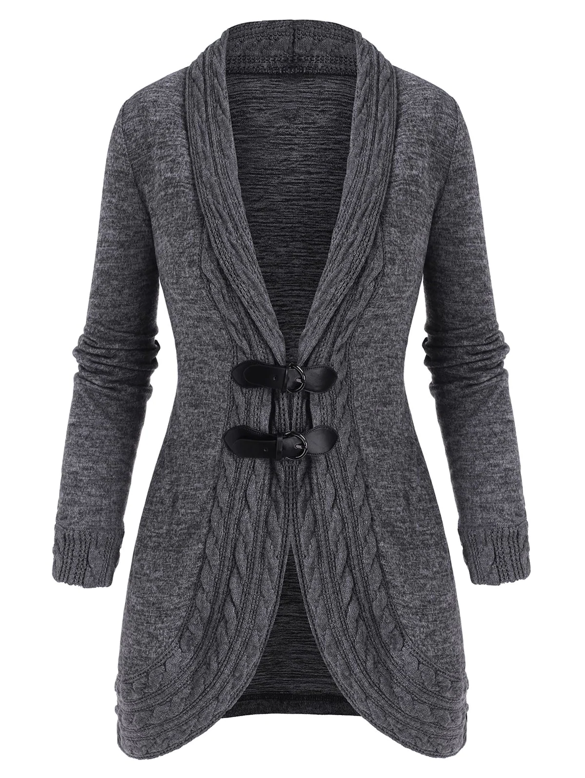 Shawl Collar Buckled Cable Knit Heathered Cardigan