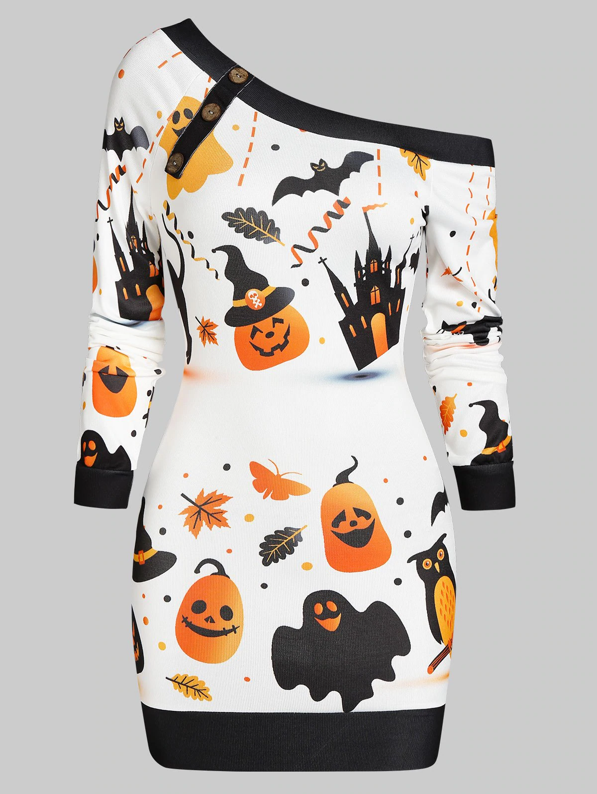 Halloween Pumpkin Castle Print Skew Neck Bodycon Dress