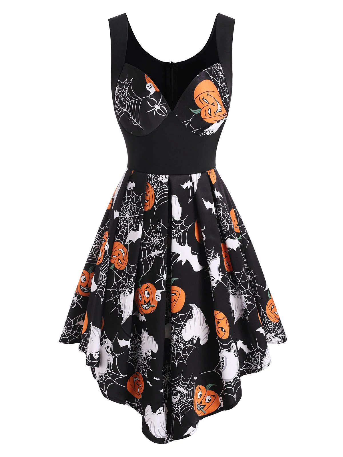 Halloween Pumpkin Spider Web Print Pin Up Dress