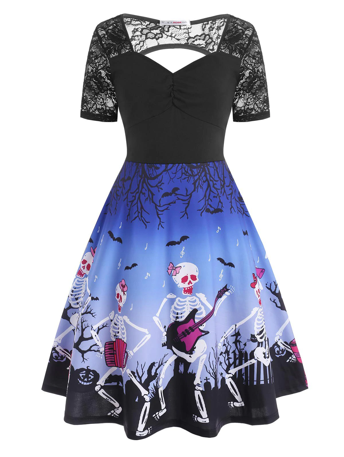 Plus Size Skeleton Playing Guitar Cutout Halloween Dress