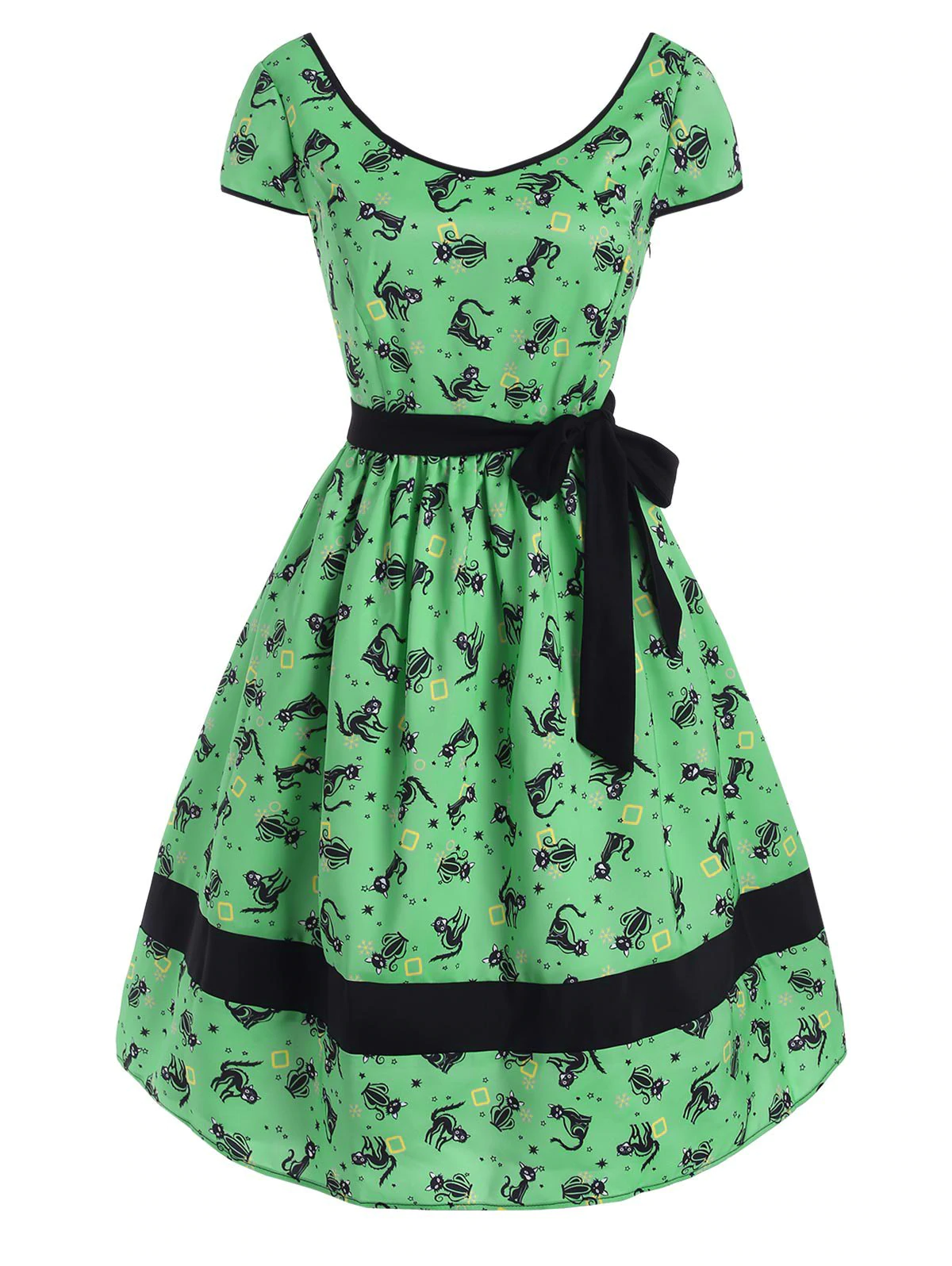 Cat Snowflake Star Print Belted Cap Sleeve Dress