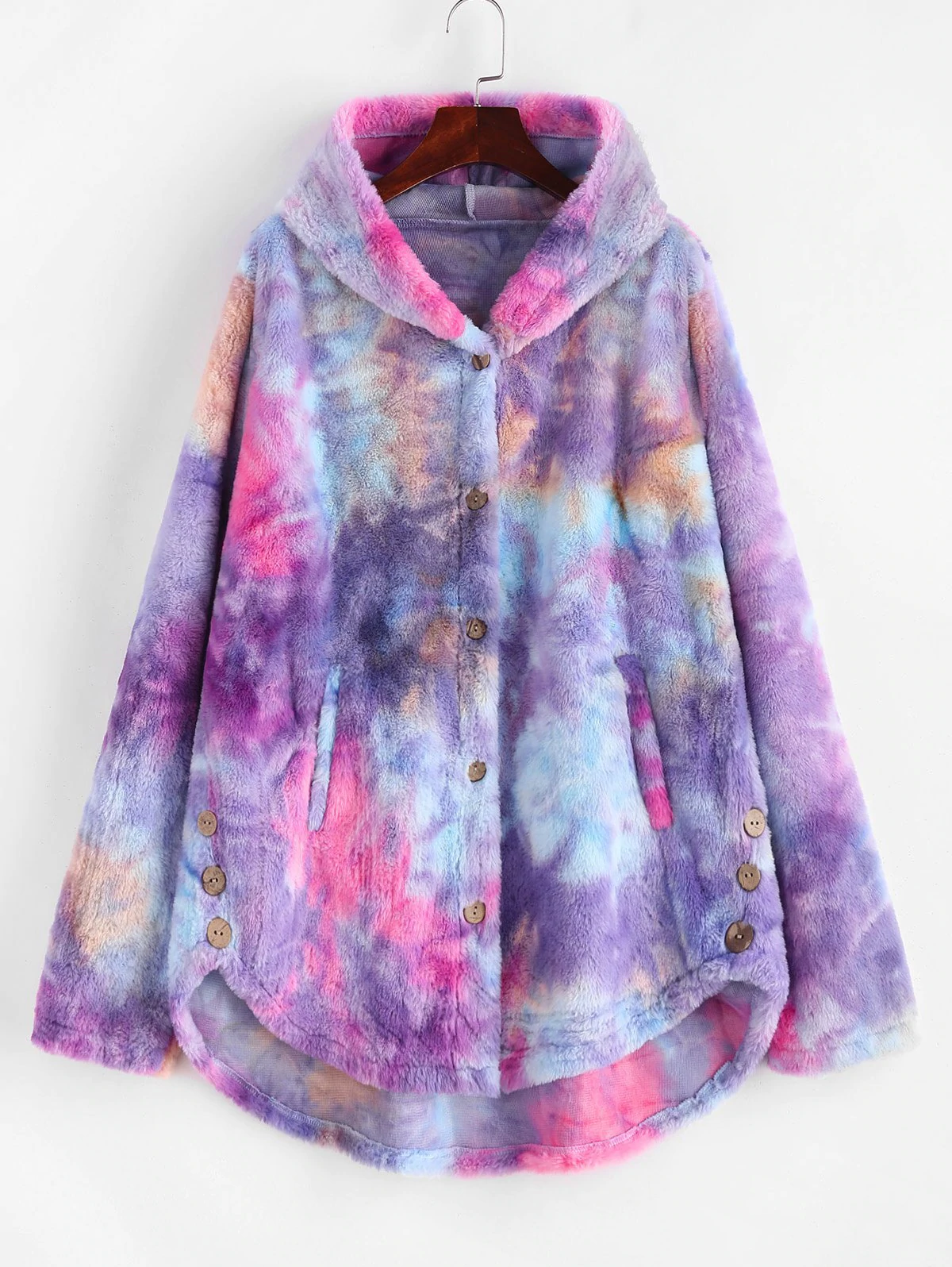 Plus Size Tie Dye Faux Fur Pocket Hooded Coat