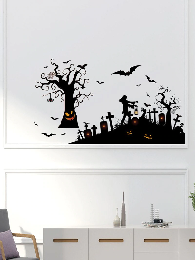 Halloween Bat Graveyard Printing Background Wall Sticker Set