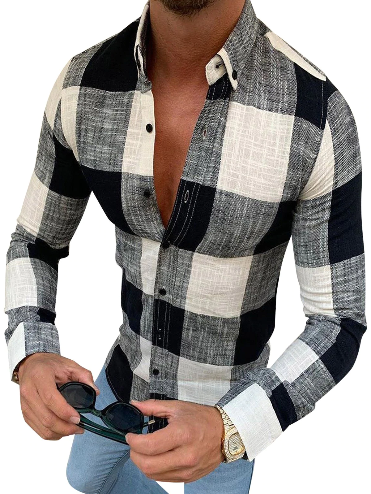 Gingham Plaid Print Button Down Casual Shirt