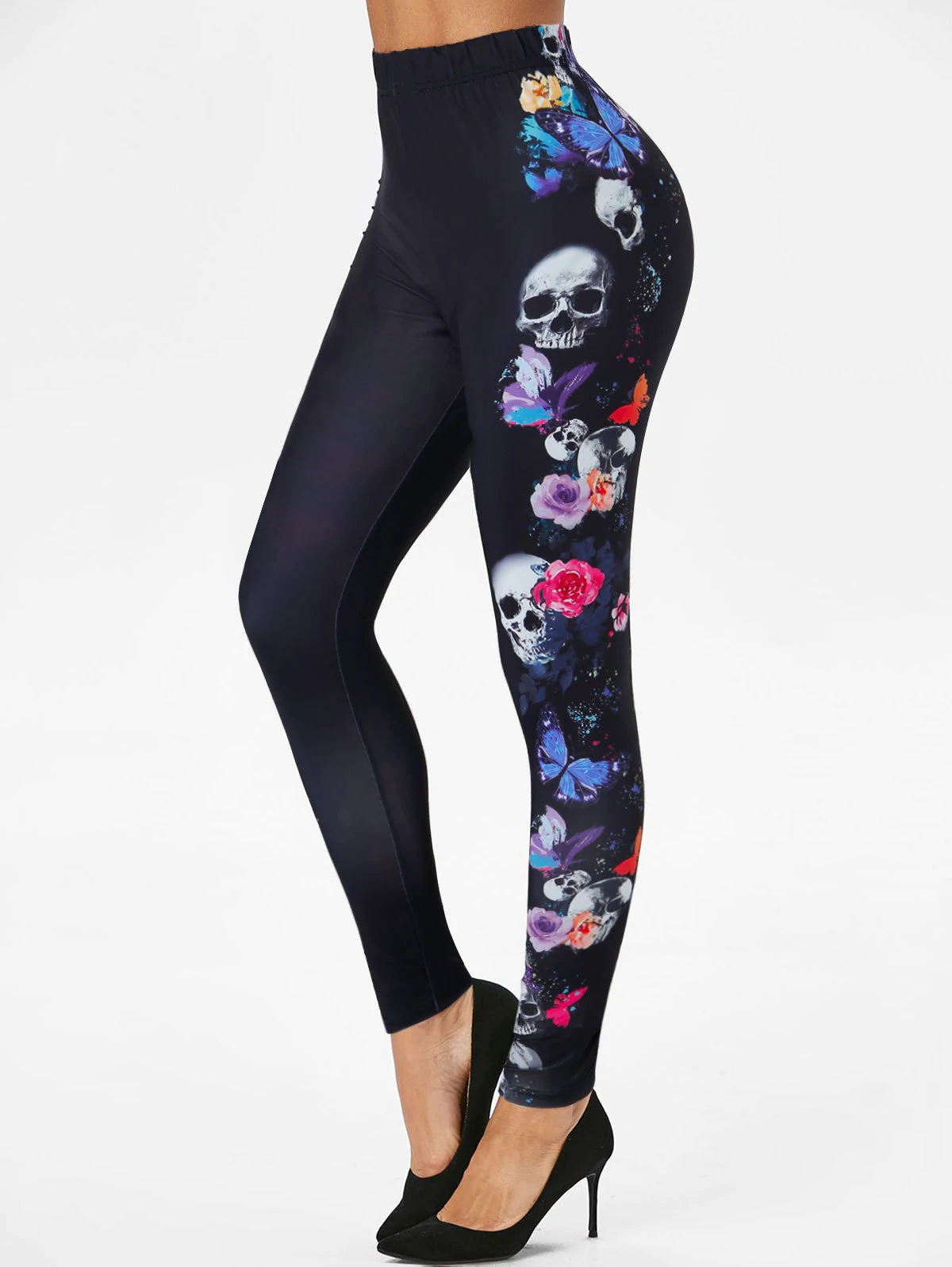 Skull Butterfly Print High Waist Skinny Leggings