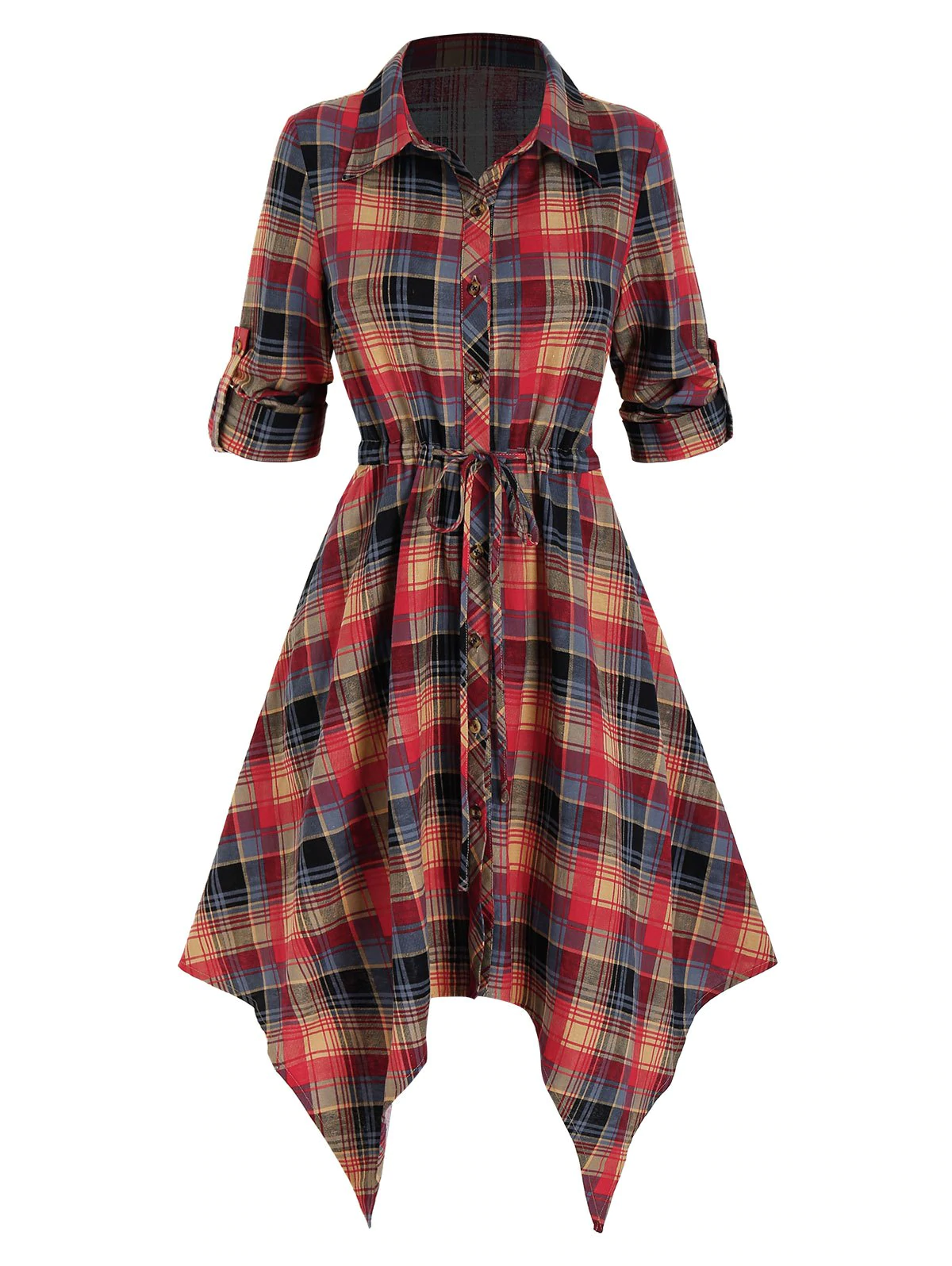 Plaid Print Drawstring Irregular Shirt Dress