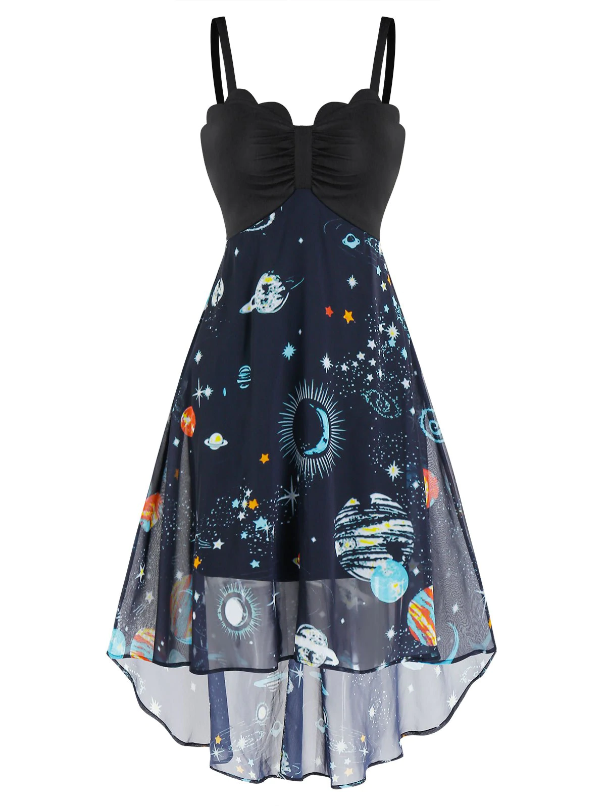 Ruched Star Planet Print High Low Cami Dress