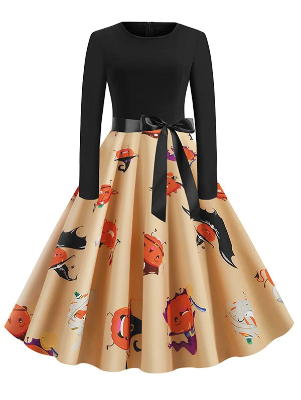 Halloween Pumpkin Belted Long Sleeve Dress