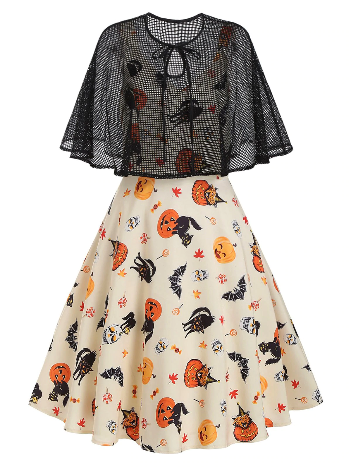 Halloween Pumpkin Cat Skull Print Dress with Fishnet Cape