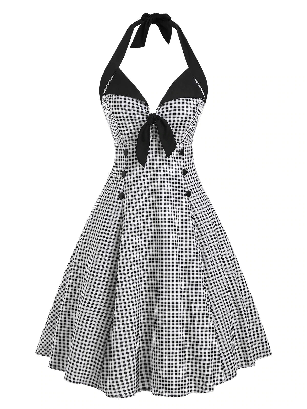 Vintage Plaid Bowknot Mock Button Dress