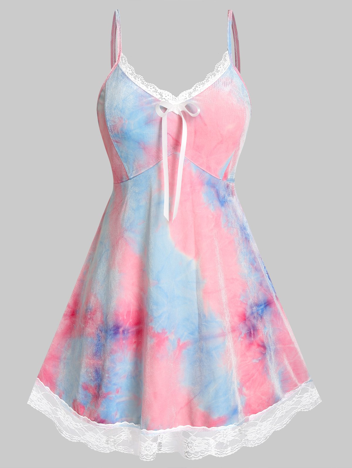 Plus Size Tie Dye Velvet Lace Hem Cami Dress Set