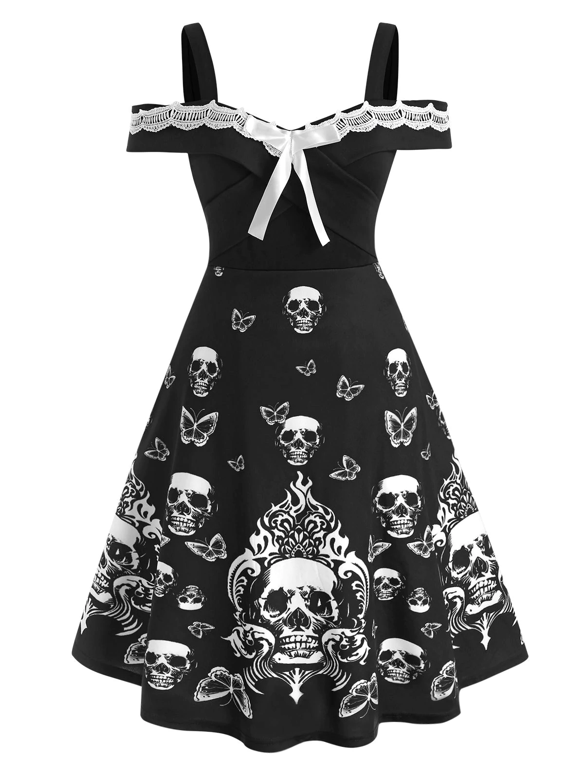 Plus Size Contrast Lace Skull Print Halloween Dress