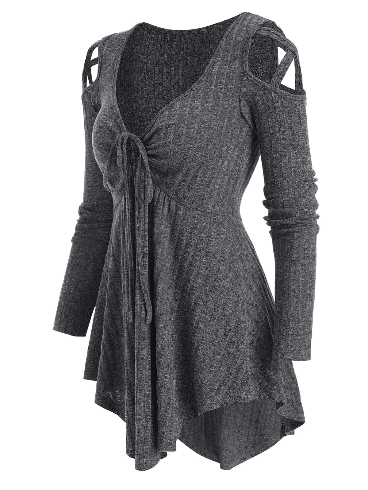 Cold Shoulder Front Drawstring Ribbed Asymmetrical Knitwear