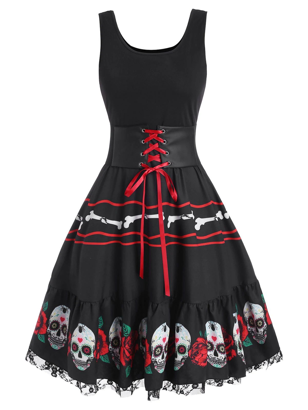 Halloween Skull Flower Corset Lace Insert Dress