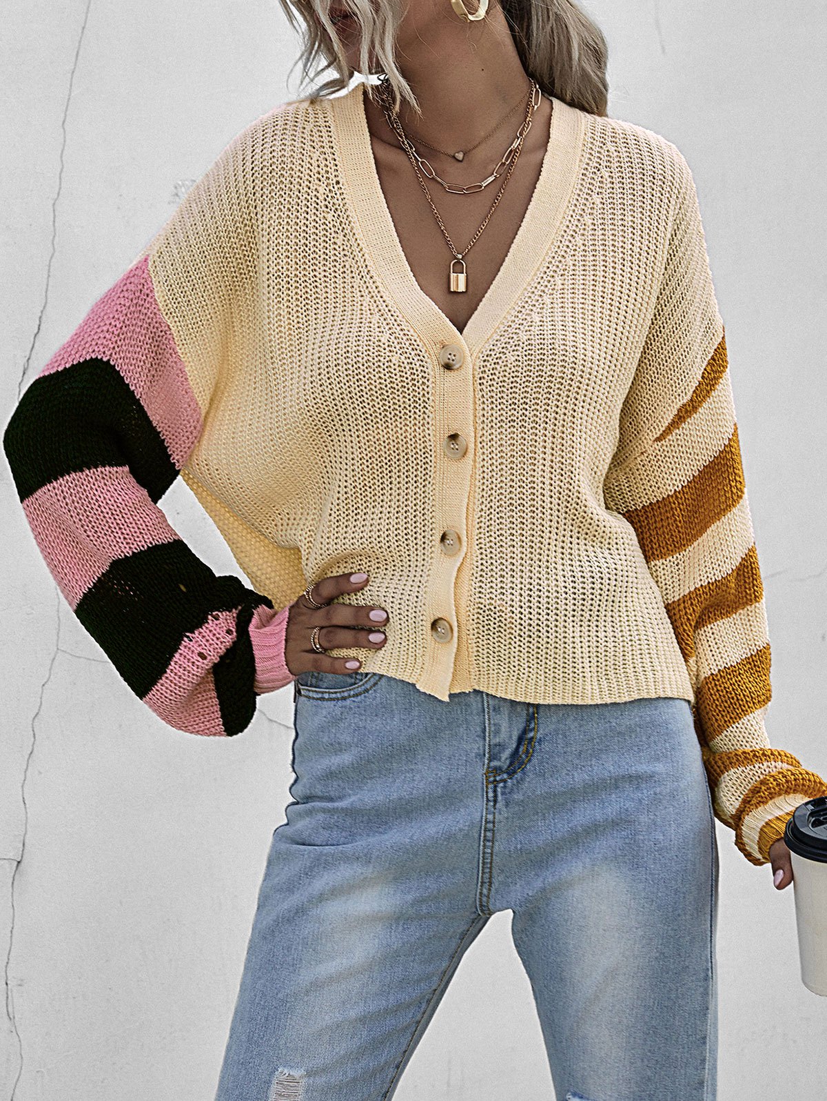 Striped Color Blocking Drop Shoulder Cardigan