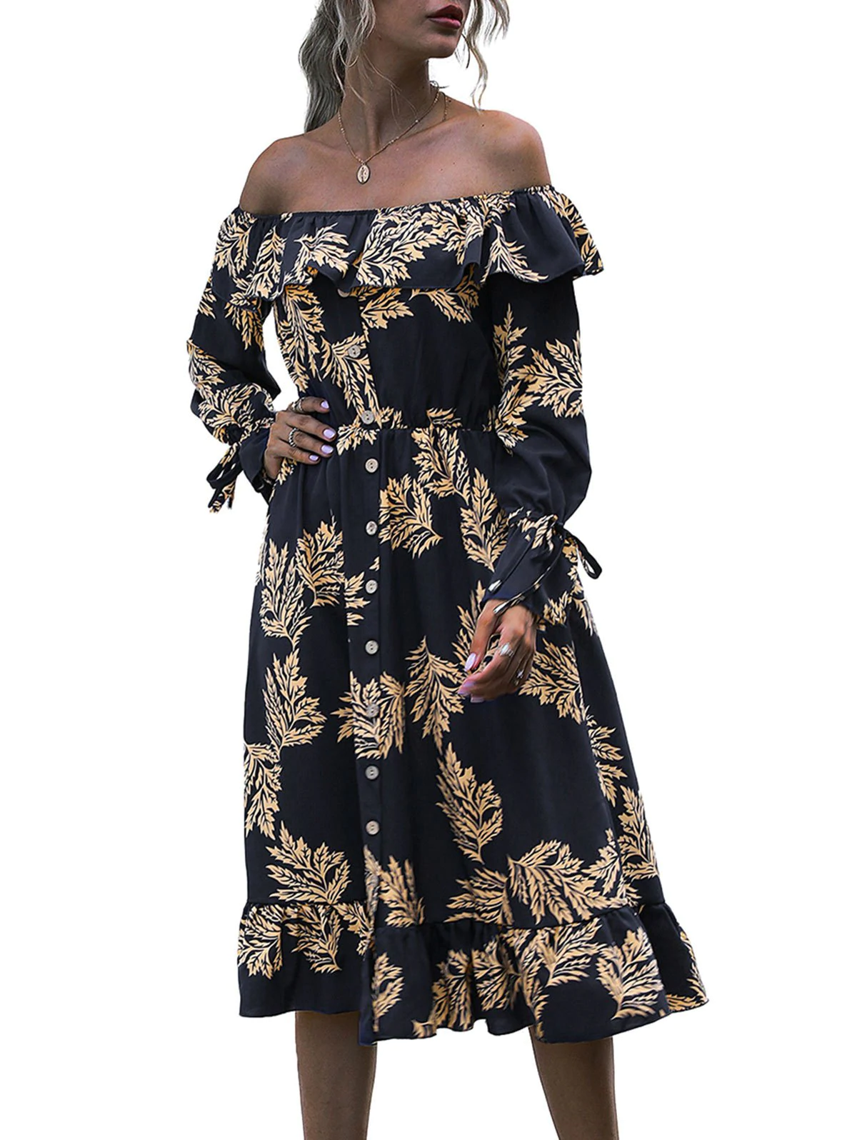 Flounce Off Shoulder Leaf Print Poet Sleeve Dress