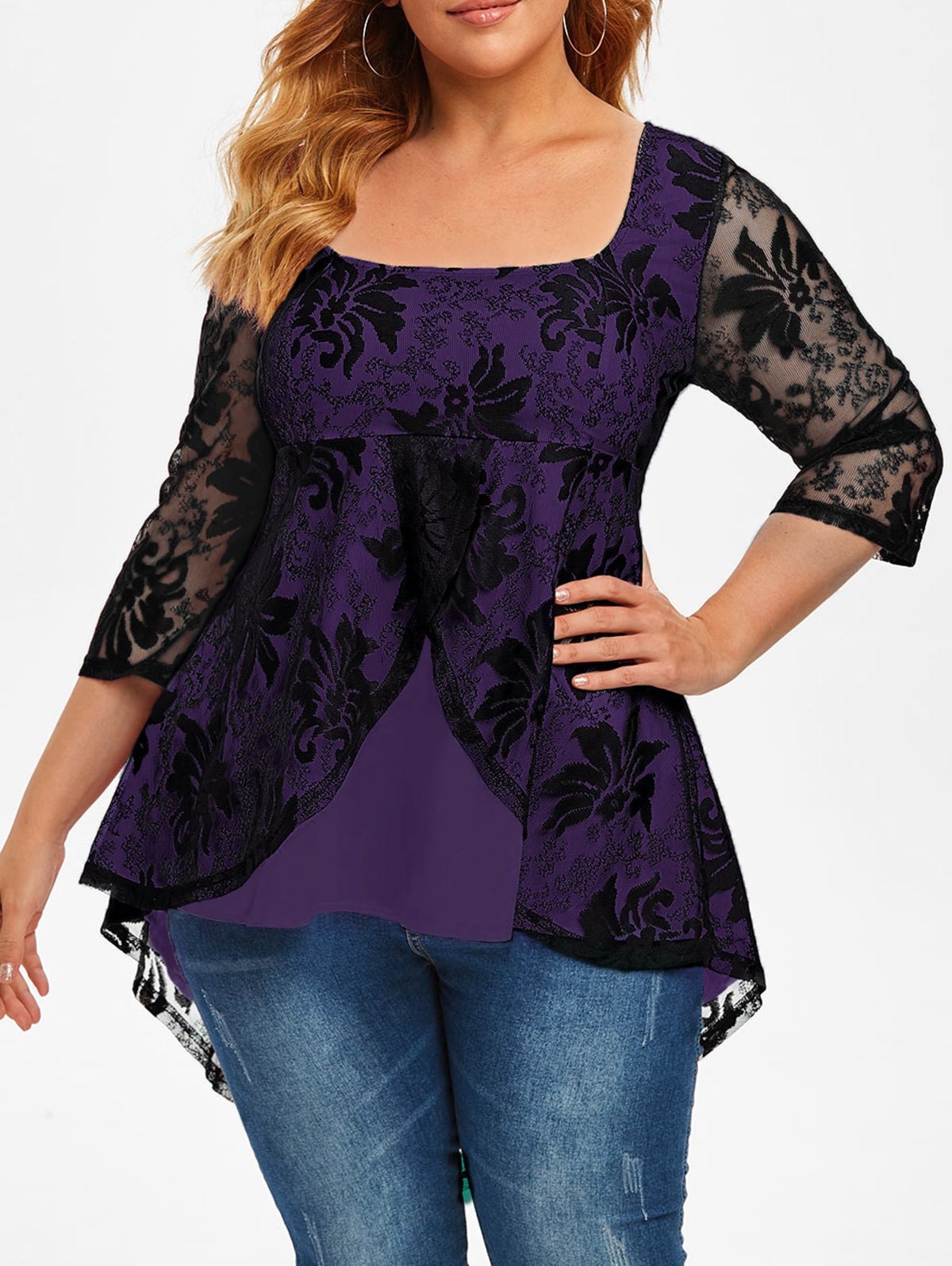 Plus Size Lace Overlay High Low Tail Blouse