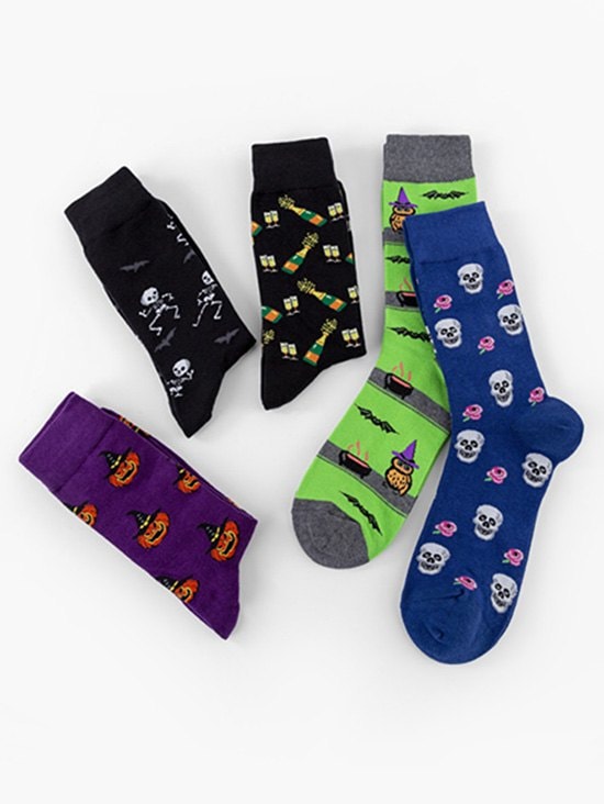 5 Pairs Halloween Skull Pumpkin Mid-calf Socks Set