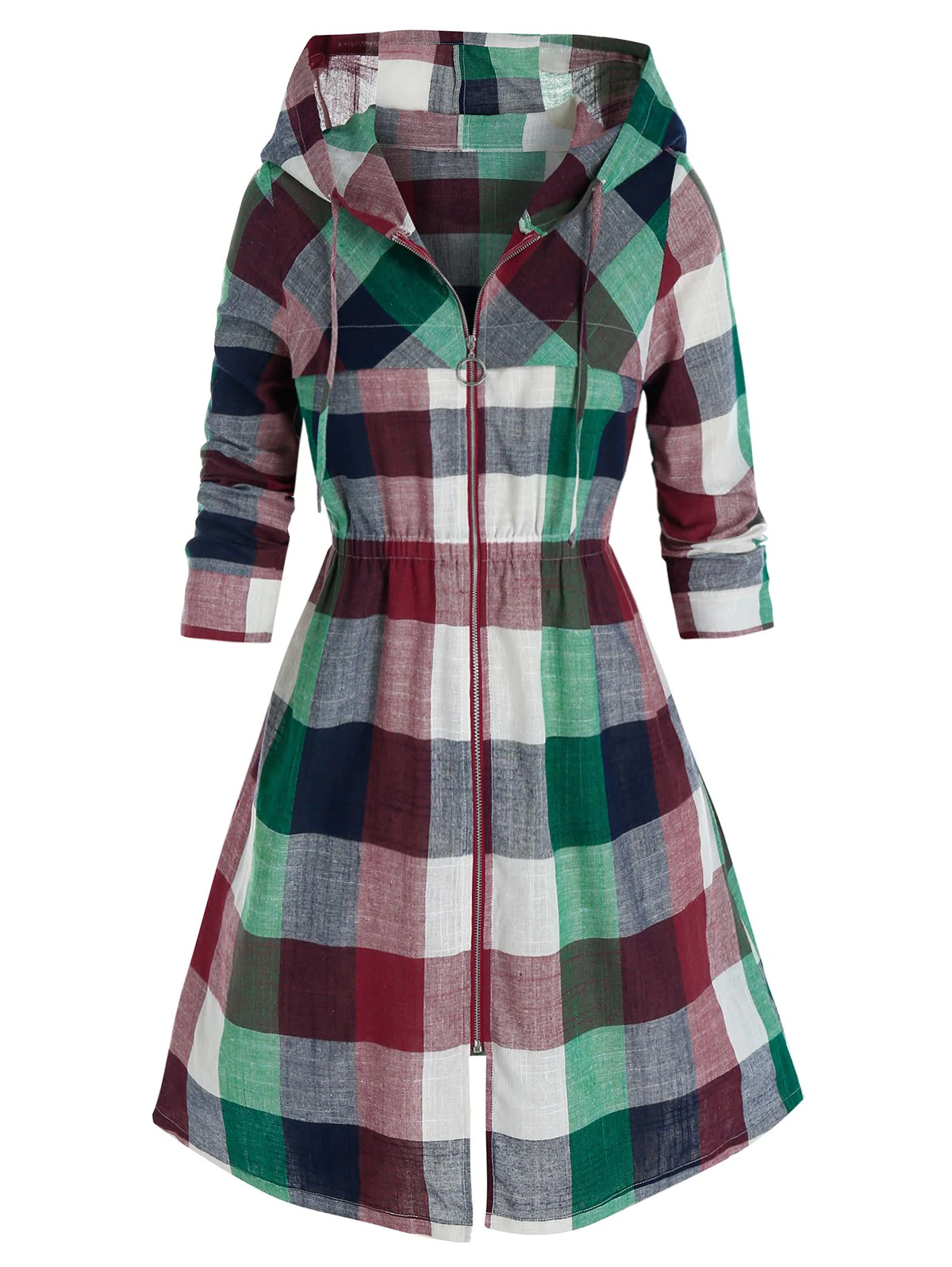 Plus Size Madras Plaid Hooded Zip Up Coat