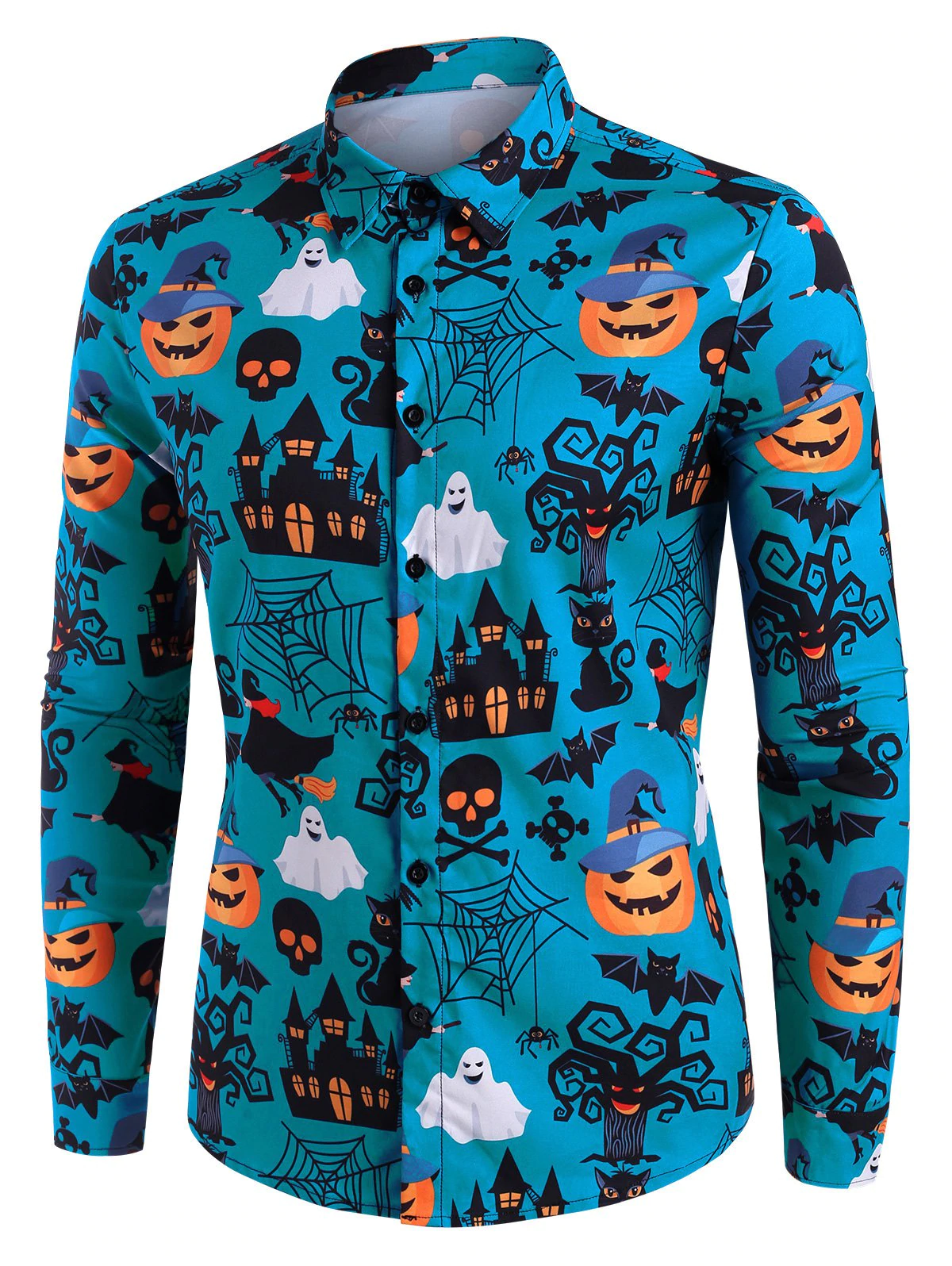 Halloween Castle Pumpkin Skull Print Button Up Shirt