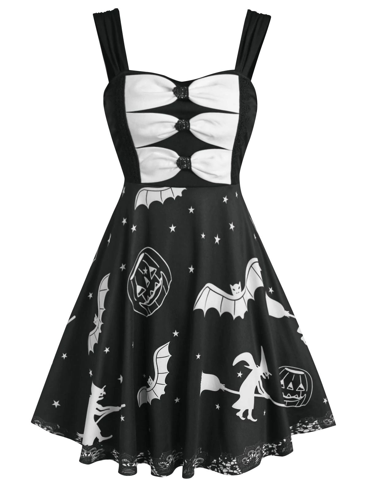 Halloween Pumpkin Bat Print Bow Detail Sleeveless Dress