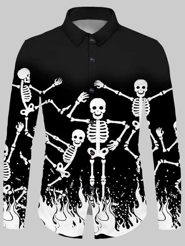 Halloween Skeleton Fire Print Button Up Shirt