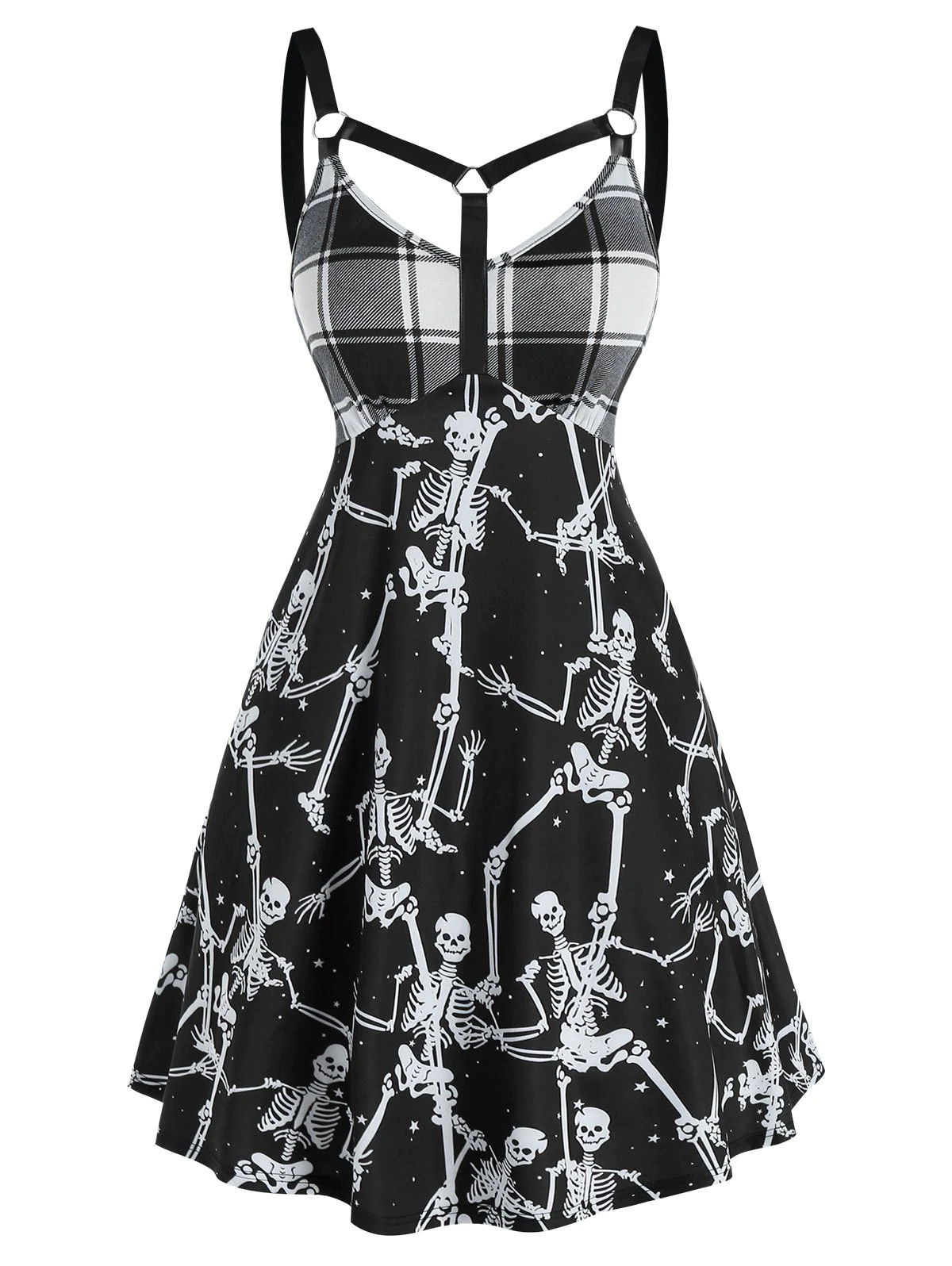 Gothic Skeleton Plaid Print O Ring Dress