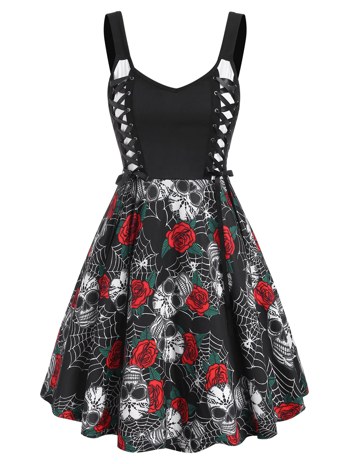 Halloween Spider Web Skull Flower Lace Up Dress