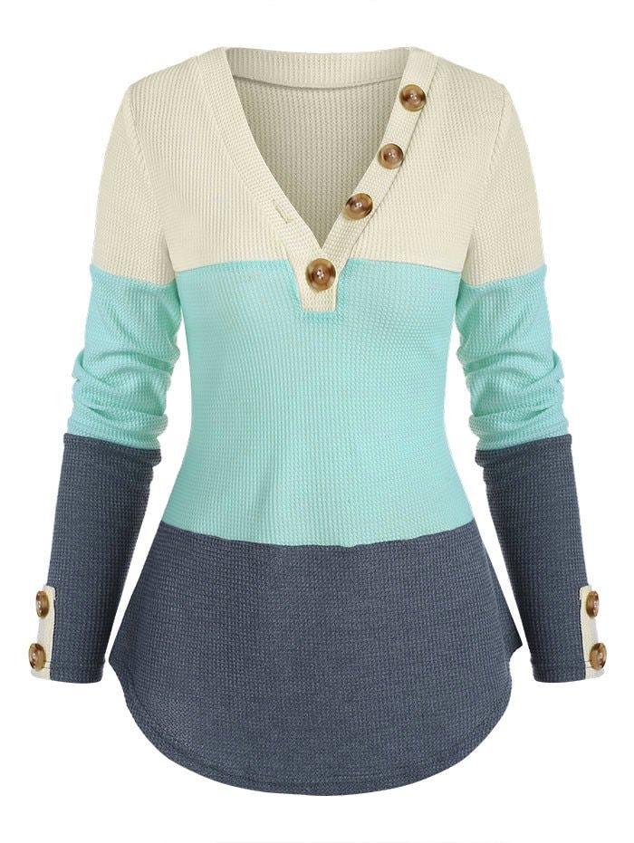 Colorblock Buttons V Neck Knitwear