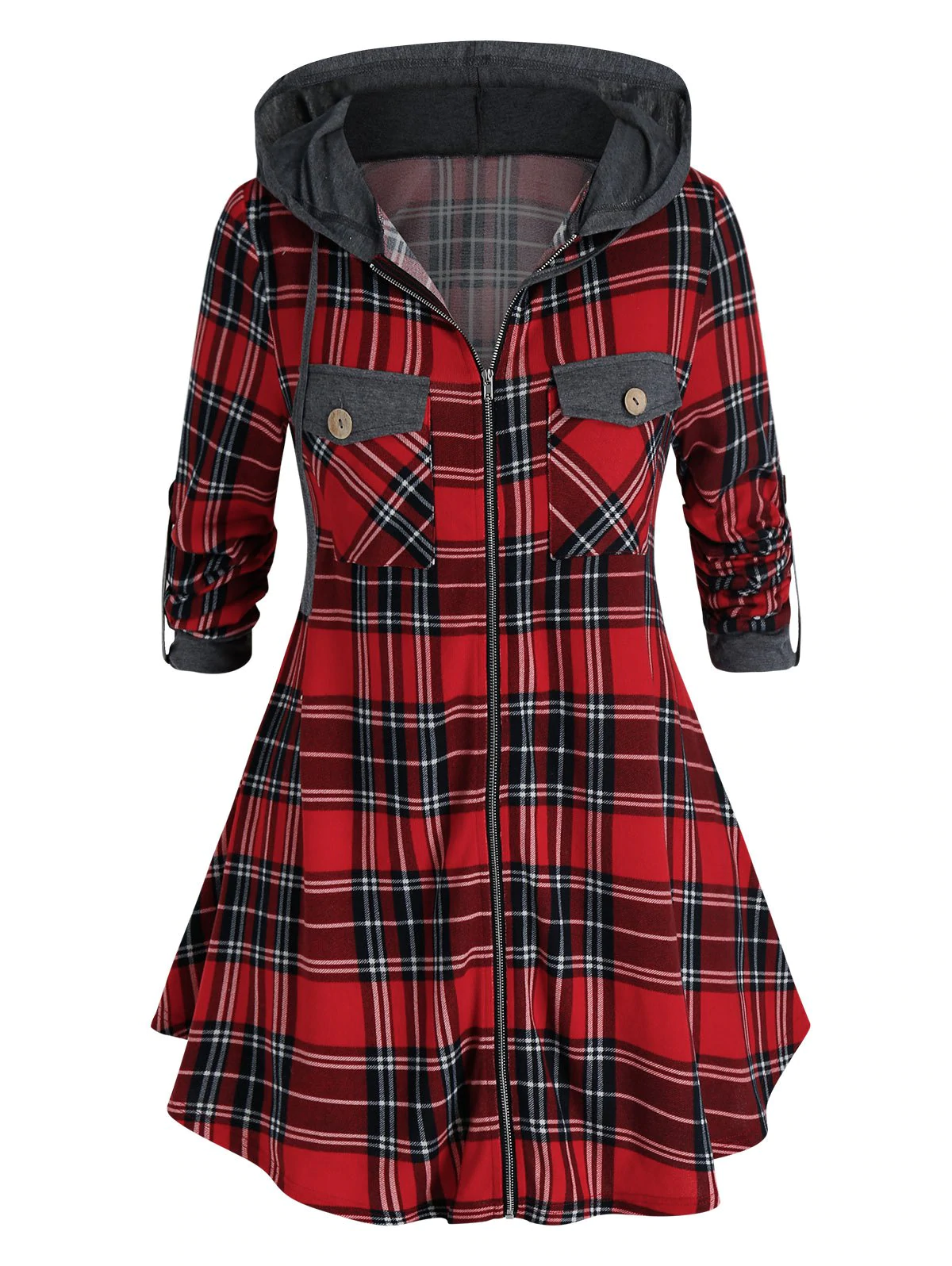 Plus Size Hooded Plaid Dual Pocket Zip Up Coat