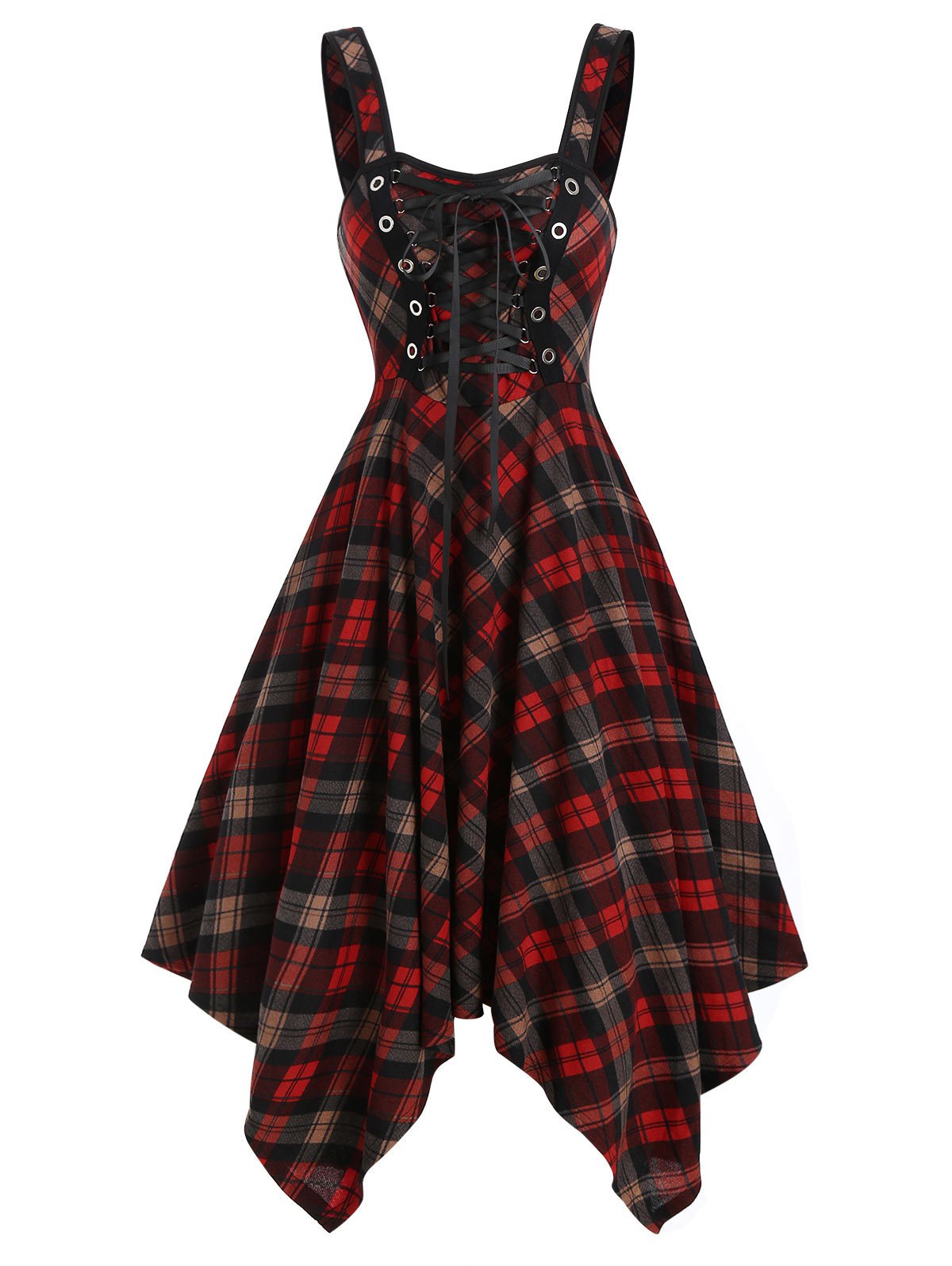 Sleeveless Plaid Print Lace-up Handkerchief Dress